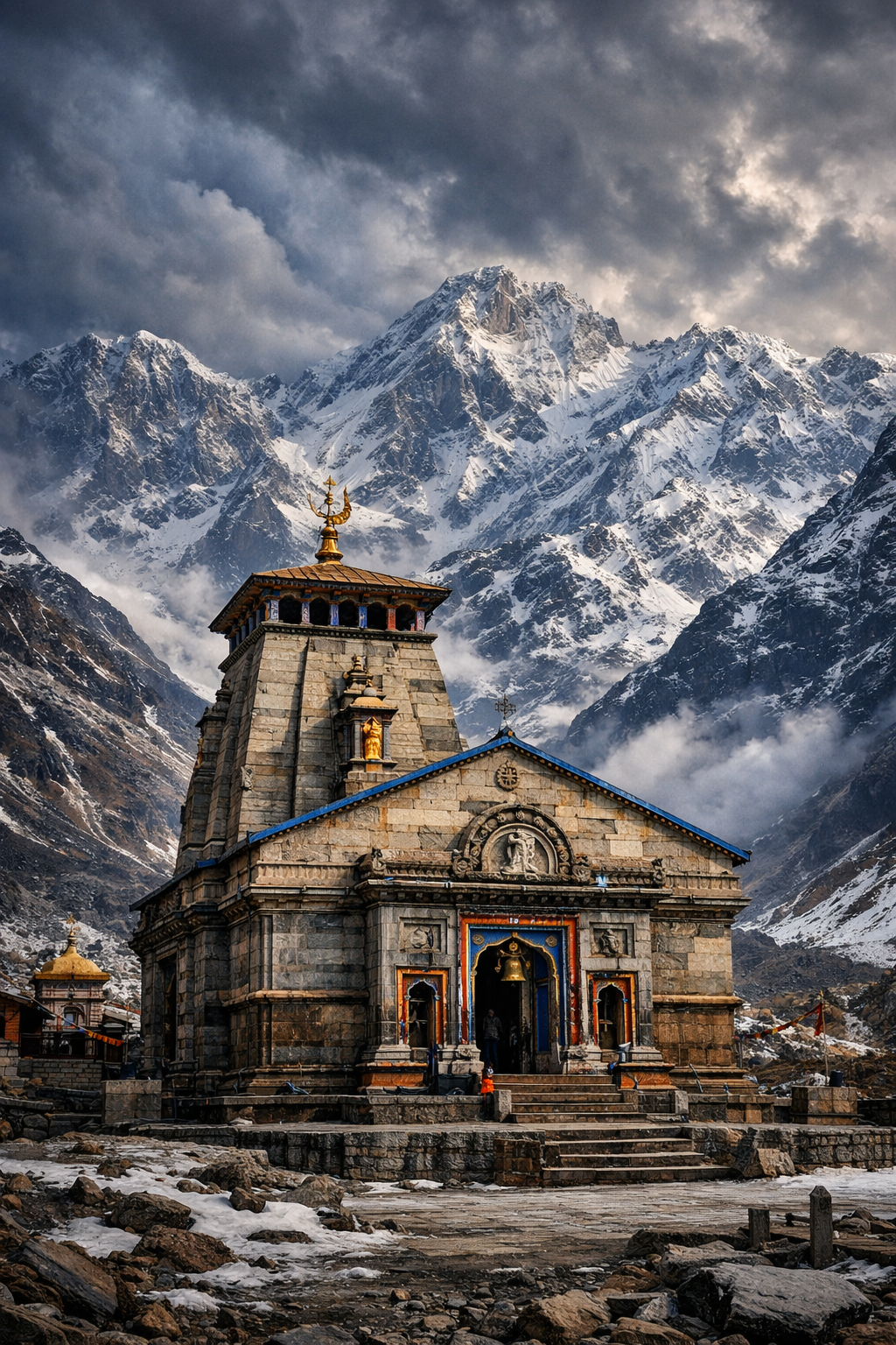 Kedarnath Temple Himalayas snow-capped peaks ancient stone architecture landscape wallpaper